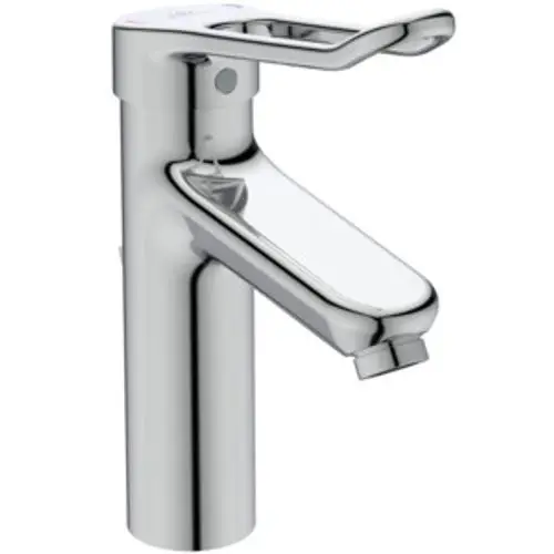 Chromfarbene Armatur mit Bügelgriff und Wasserablauf, hergestellt von Ideal Standard. Das Design ist funktional und auf Einsatz in Waschbecken ausgelegt.